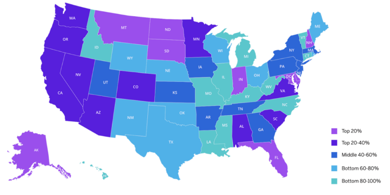 Map of 50 states showing where states fall in terms of percent of satisfied customers.